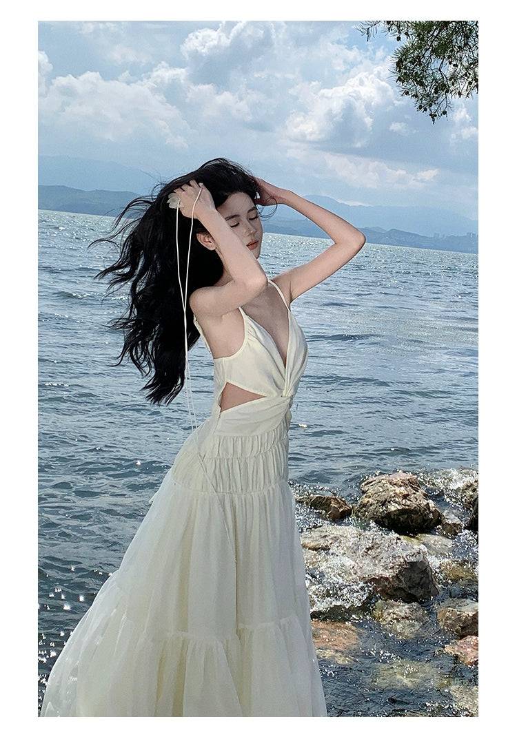 Fashion women's wear Tea Break French Advanced Sexy Backless Spaghetti Straps Dress Fairy Lady Super Fairy Gorgeous Seaside Vacation Beach Dress