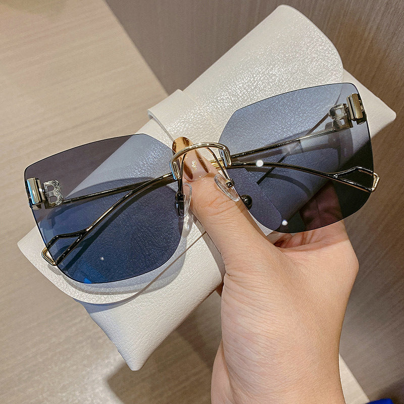 Women's fashion glasses 2022新款跨境B家无框切边太阳镜女时尚网红金属大框墨镜太阳眼镜