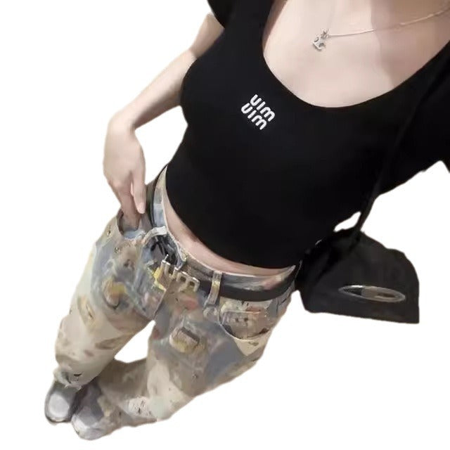 Free shipping Dopamine print ripped jeans women's   high waist loose and thin wide leg pants ins trend style pants