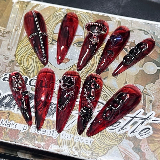 (Hand made nail) Handmade Wearable Armor Heavy Industry European and American Long Style Dark Blood Rose Nail Reusable Spicy Girl Nail