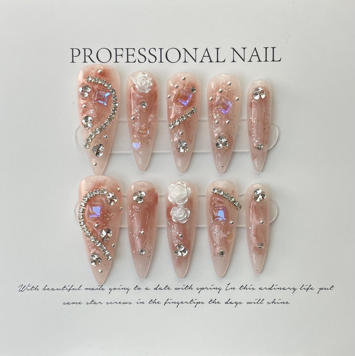 (Hand-Made Nail) 333 Handmade Phototherapy Wear Nail Almond Nail Full Diamond Camellia Wear Nail Finished Product Repeated Use Nail Art