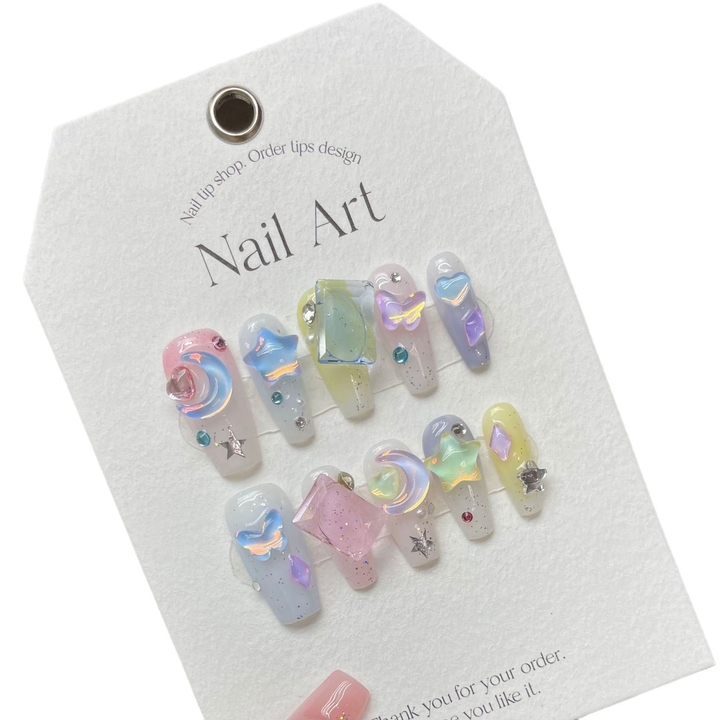 (reusable nail)Dopamine candy color aurora mocha beautiful girl dreamy stars wearing armor super cute moon stars wearing fake fingers