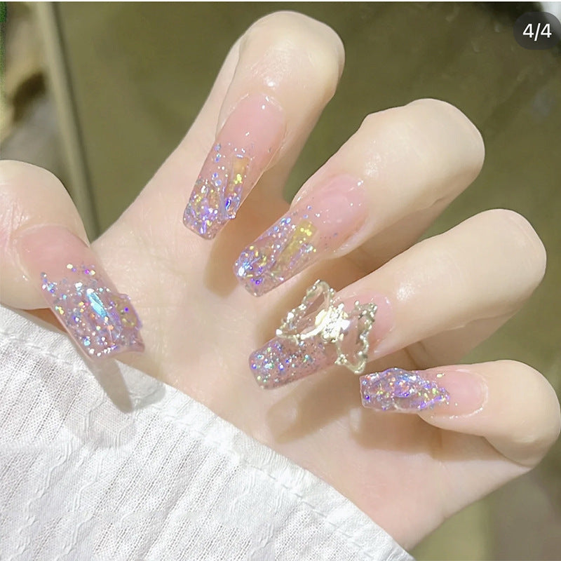 (Hand-Made Nail) Handmade Phototherapy Wearing Nail Wholesale Flash Phantom Purple Rotating Crystal Butterfly Wearable Nail Sticker Finished Nail Art