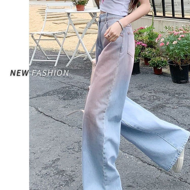 Free shipping Gradual change color design sense blush jeans women's summer dopamine loose and thin straight versatile high waist wide leg pants