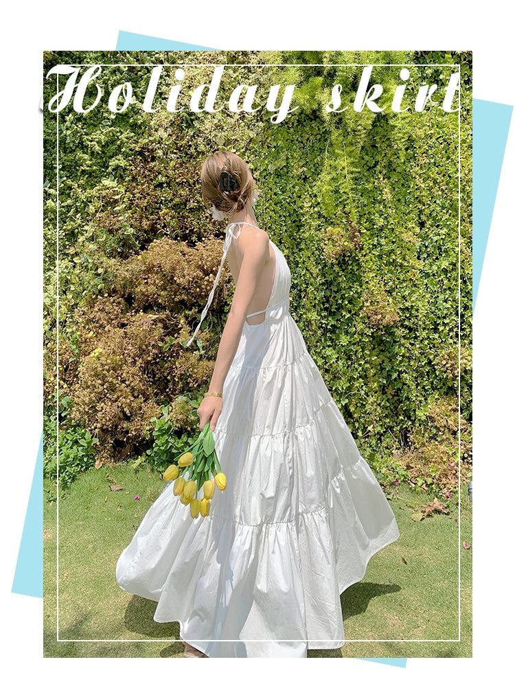 Fashion women's wear Yunnan Travel Photography Fairy Dress Orange Deep V-neck Backless Sling Dress Sanya Seaside Beach Skirt Female