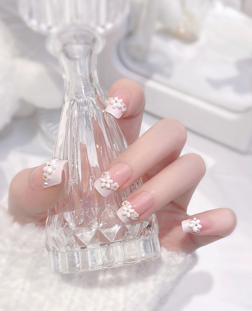 Fashion  nail New Fresh Sweet French Style Pearl Flower Nail Stickers Fake Nails Fresh Hand-Worn Armor A41