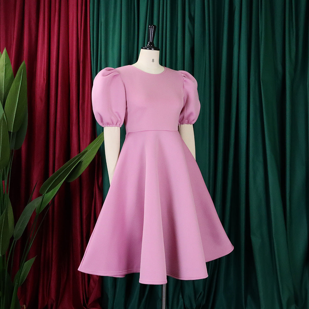 Fashion women's wear Cross-Border European and American Amazon Summer round Neck Graceful Puff Sleeve Waist-Controlled Large Hem Elegant A- line Foreign Trade Dress