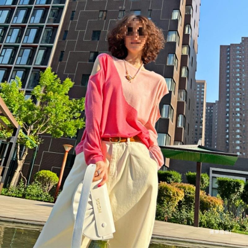 Dopamine tops Free shipping Tattoo 2024 early autumn new women's clothing contrasting colors hollow long-sleeved dopamine T-shirt design sense niche non-collision top