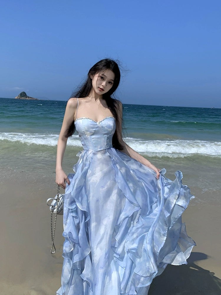 Fashion women's wear Phantom Fairy Seaside Vacation Elegant Beach Dress Ruffled Escape Princess Skirt Summer Sling Dress