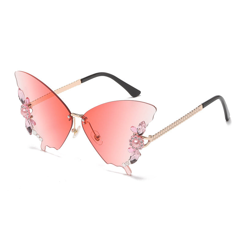 Women's fashion glasses 欧美跨境新款舞会蝴蝶形状镶钻无框太阳镜女夸张墨镜女圆脸大脸