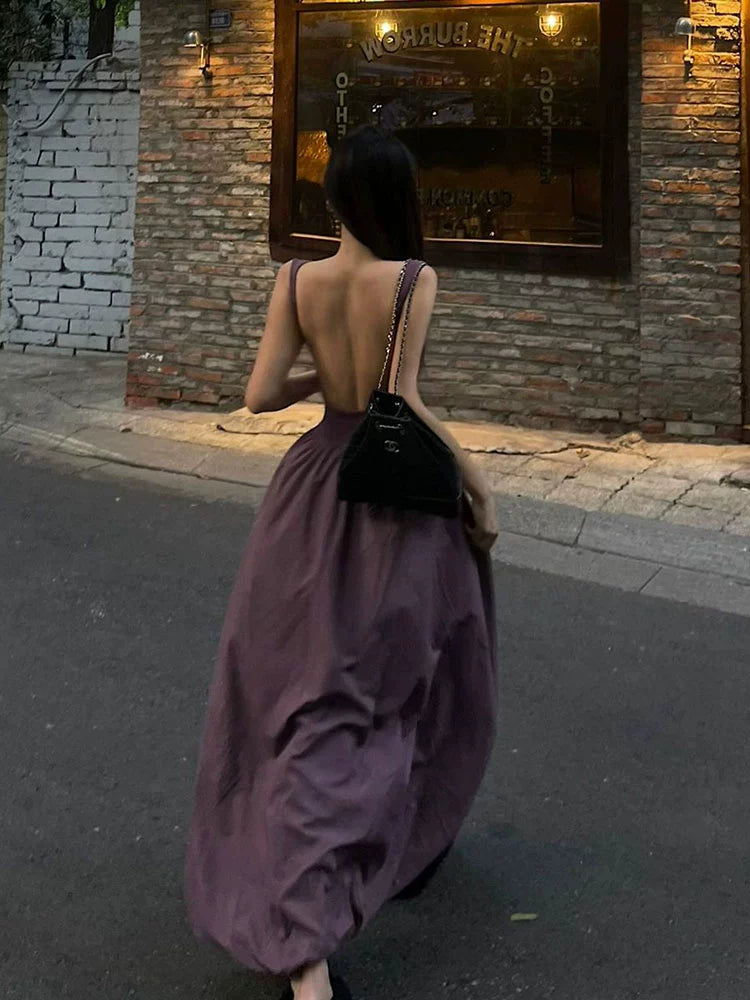 Fashion women's wear French Retro Pure Desire Sexy Sling Dress Female Elegant Backless Design Gentle Fake Two Pieces A- line Dress