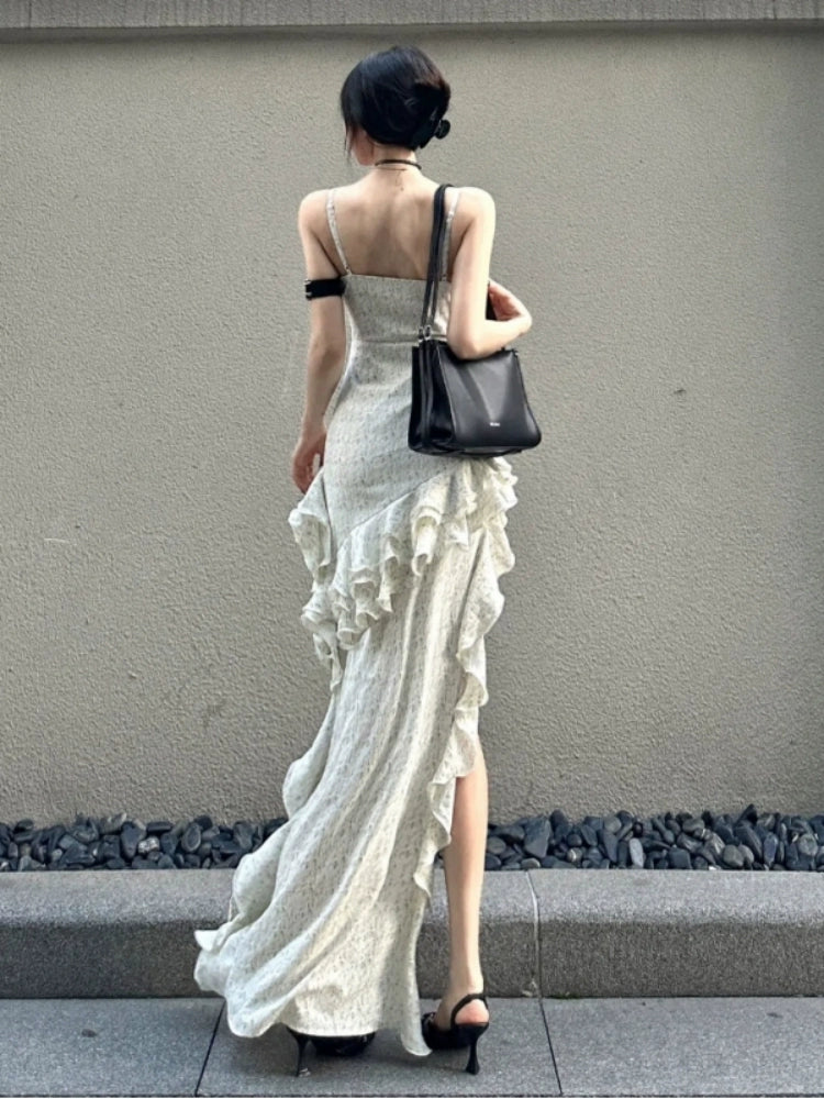 Fashion women's wear French Hot Girl Ruffled Spaghetti Straps Dress Women's Pure Desire Style Summer New Irregular High-Grade Temperament Long