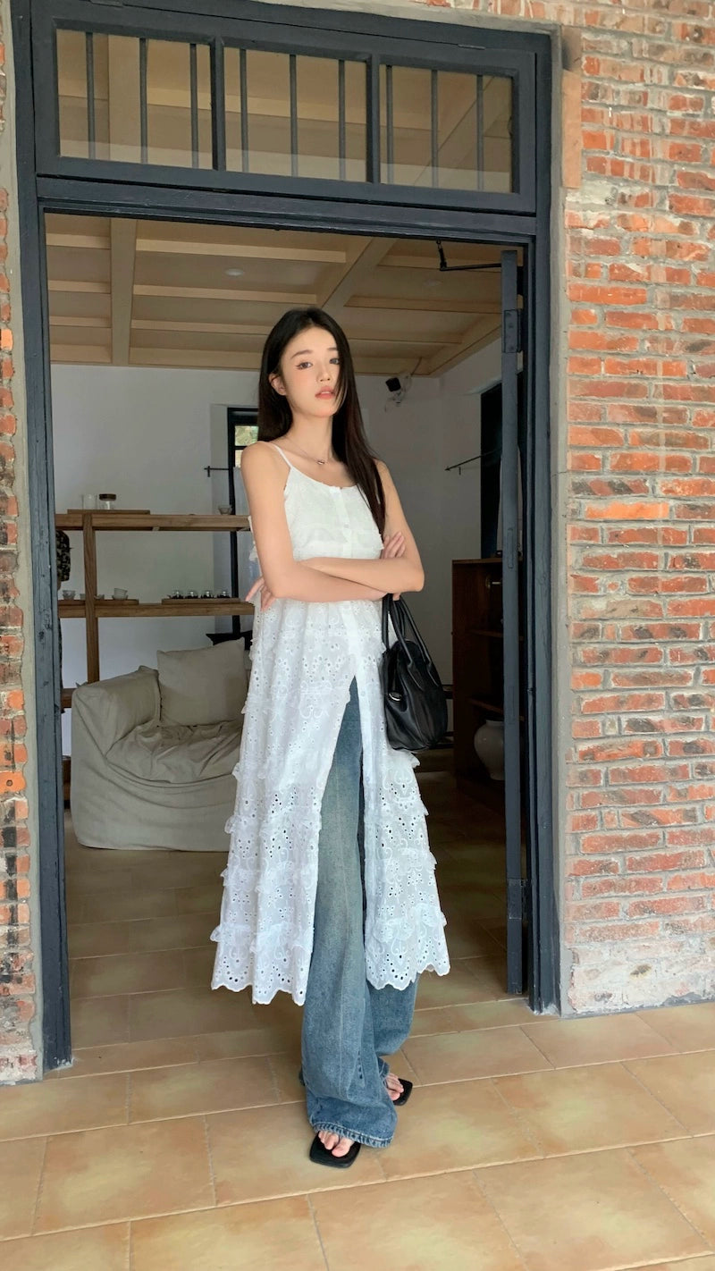 Fashion women's wear Fashionable Embroidery Hollow out Sweet Spaghetti-Strap Dress Women's Clothing Spring 2024 New Mid-Length Waist Split Skirt