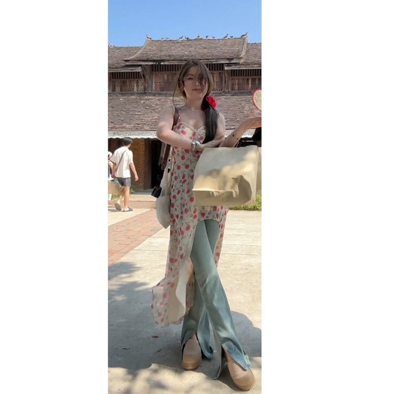 Fashion women's wear Summer High-Grade Floral Strap Dress Women's Dress Women's Dress 2024 Summer New Irregular Long Dress Spring and Summer