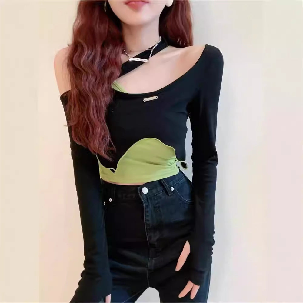 Free shipping   Cool girls and hot girls wear sweet and spicy tops ins jazz girl group pure desire style slim T-shirt women's clothing design sense niche tops