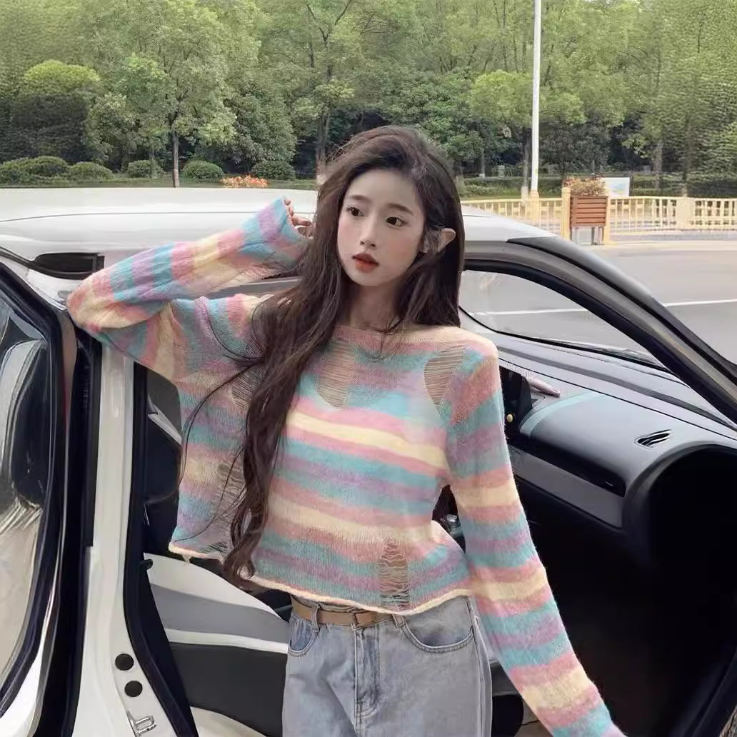 Dopamine tops Free shipping Tattoo Dopamine suction rainbow striped long-sleeved t-shirt women's early spring niche ripped design knitted sweater short top