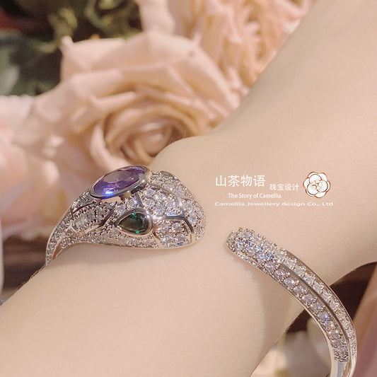 首饰手镯Ruili复古轻奢仿紫色坦桑宝石灵蛇手镯套装 镀金彩宝锆石灵蛇项链