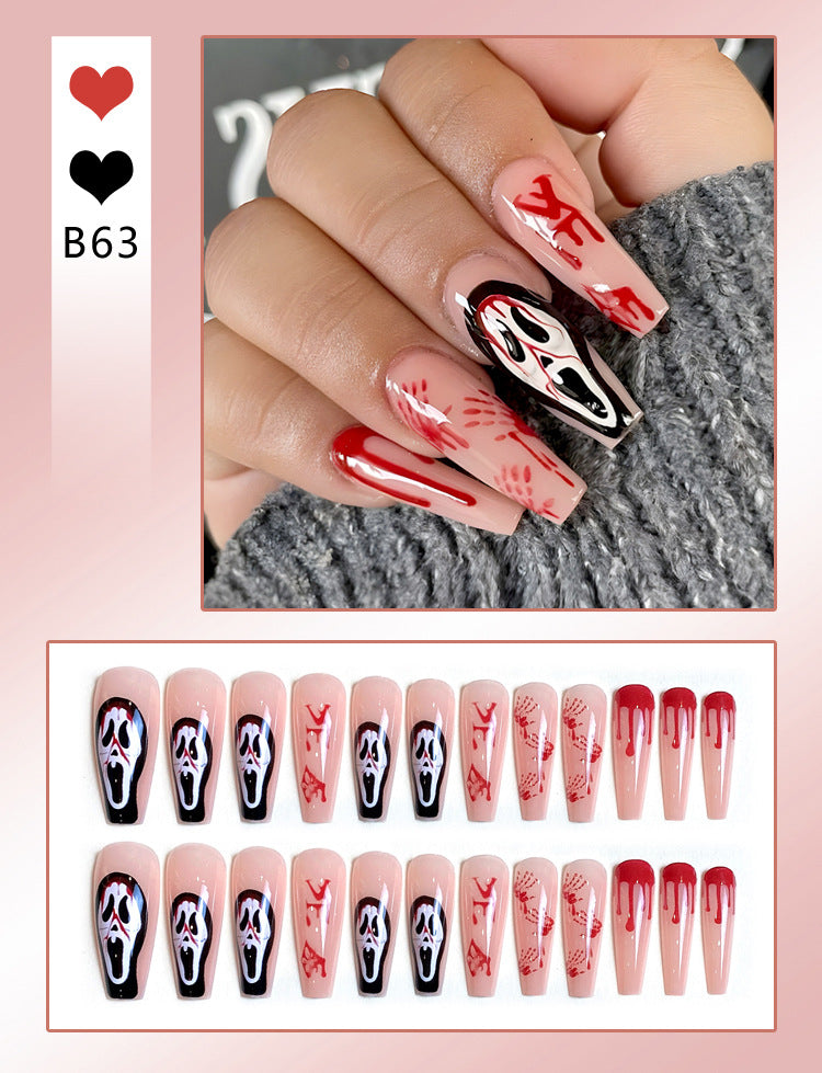 Fashion  nail Cross-Border Halloween Wear Armor Ghost Skull Pumpkin Bat Long 24 Pieces Fake Nail Patch Nail Sticker Wholesale
