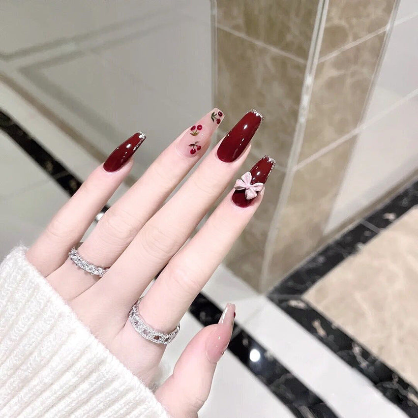 Fashion  nail Wearing Nail Nail Stickers Nail Patch Fake Nails Detachable Cherry Bow Nail Sticker Y44