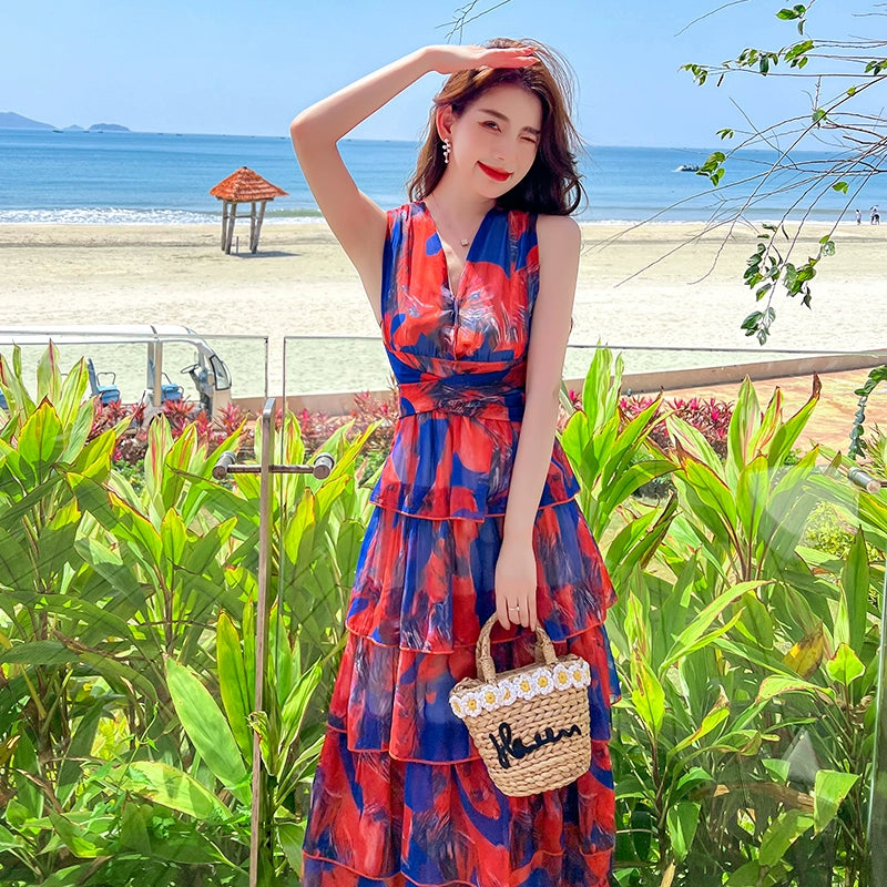 Fashion women's wear Chiffon Sling Dress Women's Summer Waist Slimming Sanya Travel Seaside Vacation Beach Dress Super Fairy Backless
