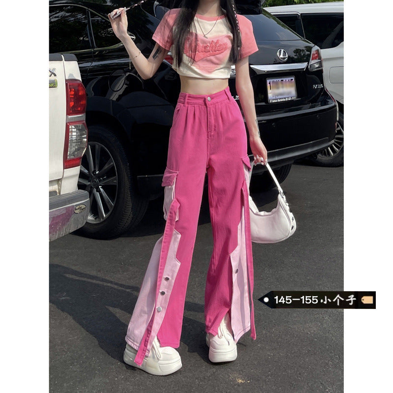 Free shipping   Girl Dopamine Wear Tooling Jeans Women's Small Color Matching Straight Skinny Loose Wide Leg Pants Tide pants