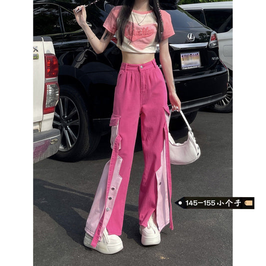 Free shipping   Girl Dopamine Wear Tooling Jeans Women's Small Color Matching Straight Skinny Loose Wide Leg Pants Tide pants