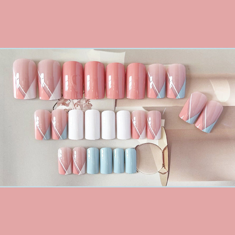 裸色几何穿戴甲长方nails 线条跨境美甲片外贸假指甲长甲美甲贴片