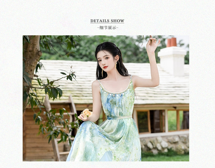 Dopamine dress Free shipping Tattoo Summer Dopamine Women's Retro French Style Green Suspender Dress with Cardigan Fairy Holiday Dress