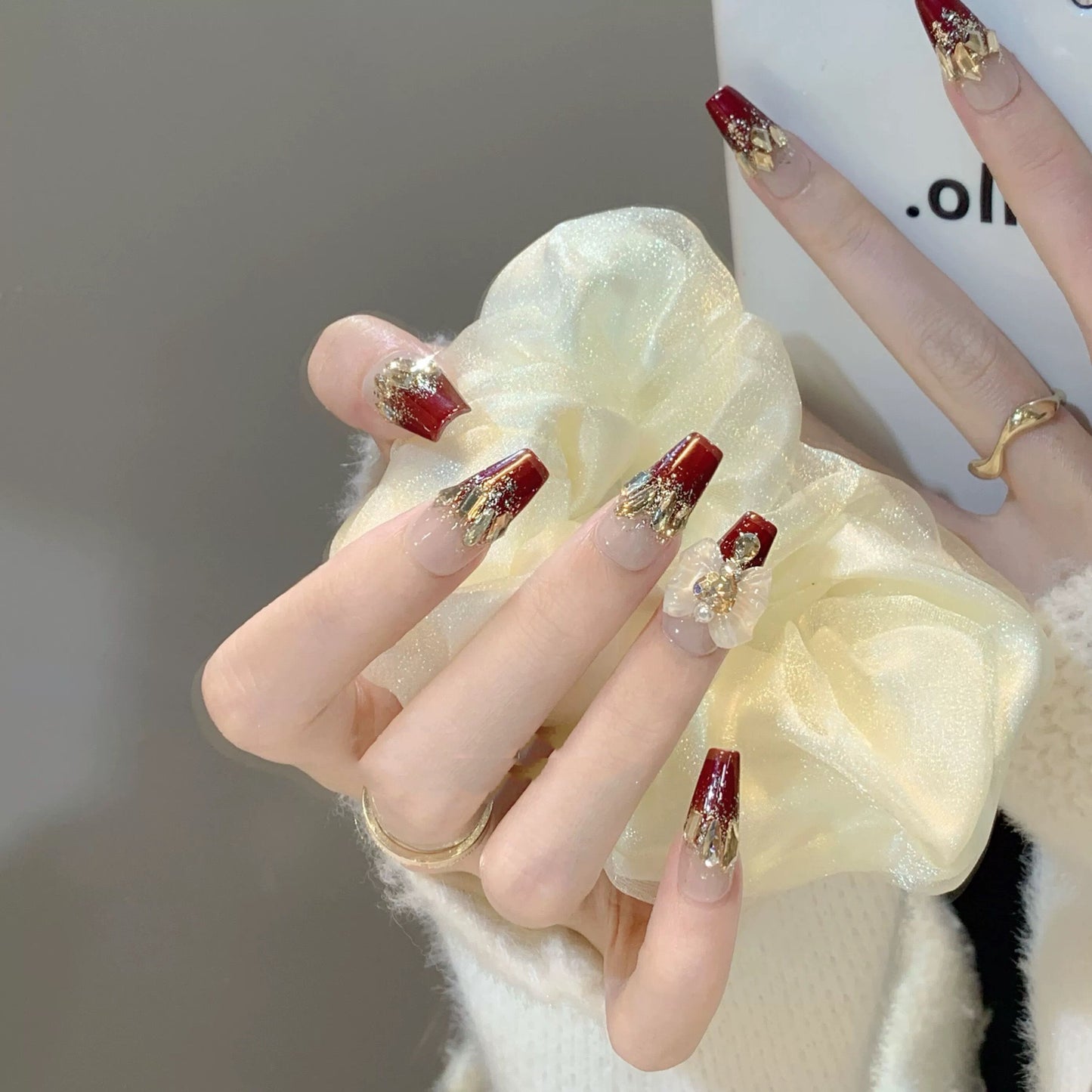 (Hand-made nail)手工制作金羽琉璃穿戴甲长款法式指甲贴成品高级感显白穿戴甲片