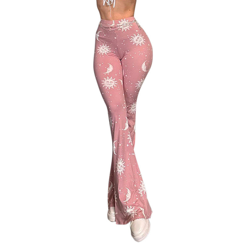 Fashion women's wear Q23pt305   Starry Sky Sun Pattern Printing High-Waist Pink Flared Pants Women's Pants Summer New