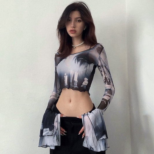 Fashion women's wear Q22tp146 Summer New 2024 Printed round Neck Pullover Horn Long Sleeves Cropped Casual   Women's Clothing Top