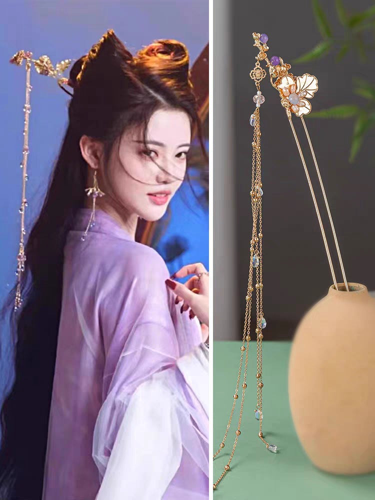 头饰发簪长月烬明同款耳环白鹿古风配汉服长流苏耳坠耳夹无耳洞古装耳饰女