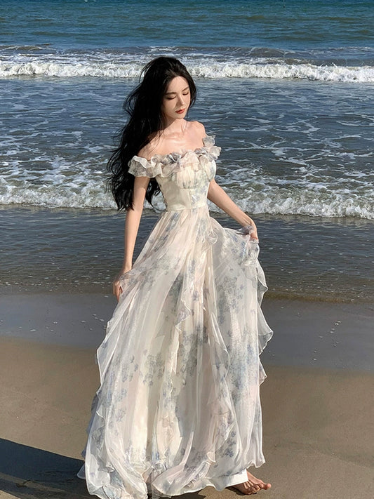 Fashion women's wear French Style Beautiful Floral off-Shoulder Spaghetti Straps Dress Female Summer Super Fairy High Sense Seaside Holiday Princess Long Dress
