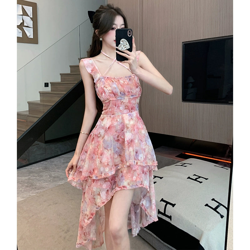 Fashion women's wear Sexy Halter Strap Floral Dress Women's Summer Seaside Vacation Beach Fairy Dress Irregular Trailing Skirt
