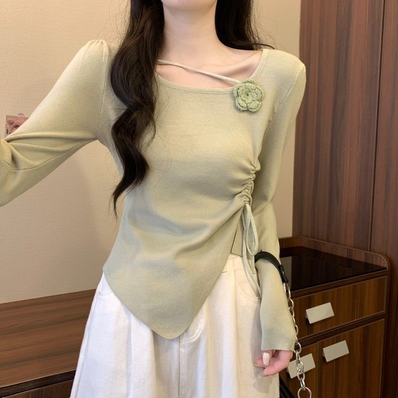 Dopamine tops Free shipping Tattoo Dopamine red three-dimensional flower long-sleeved knitted sweater for women's early autumn side drawstring closed waist and thin outer wear small top