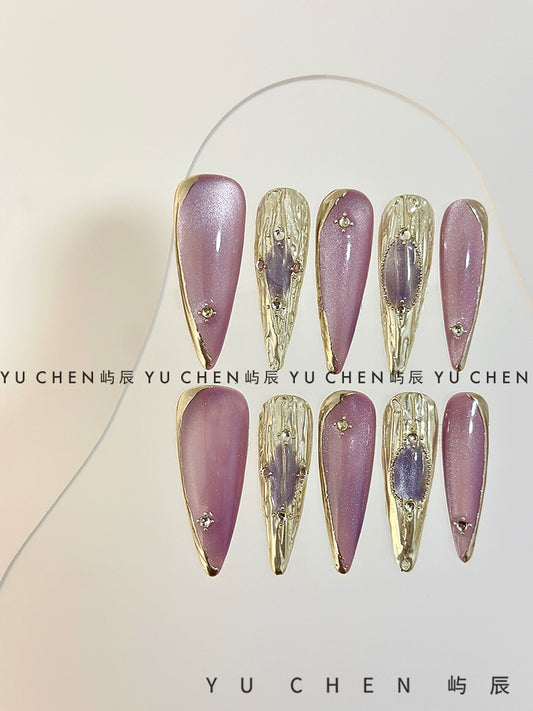 (Hand made nail) Original by Yuchen | Purple Buchirati Nail Wearing Nail Handmade Cat Eye Light Gold 3D Relief Heavy Industry