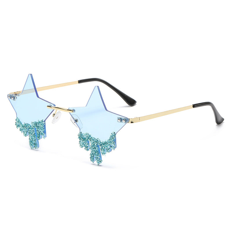 Women's fashion glasses 新款欧美五角星镶钻无框太阳镜女时尚个性夸张墨镜防紫外线