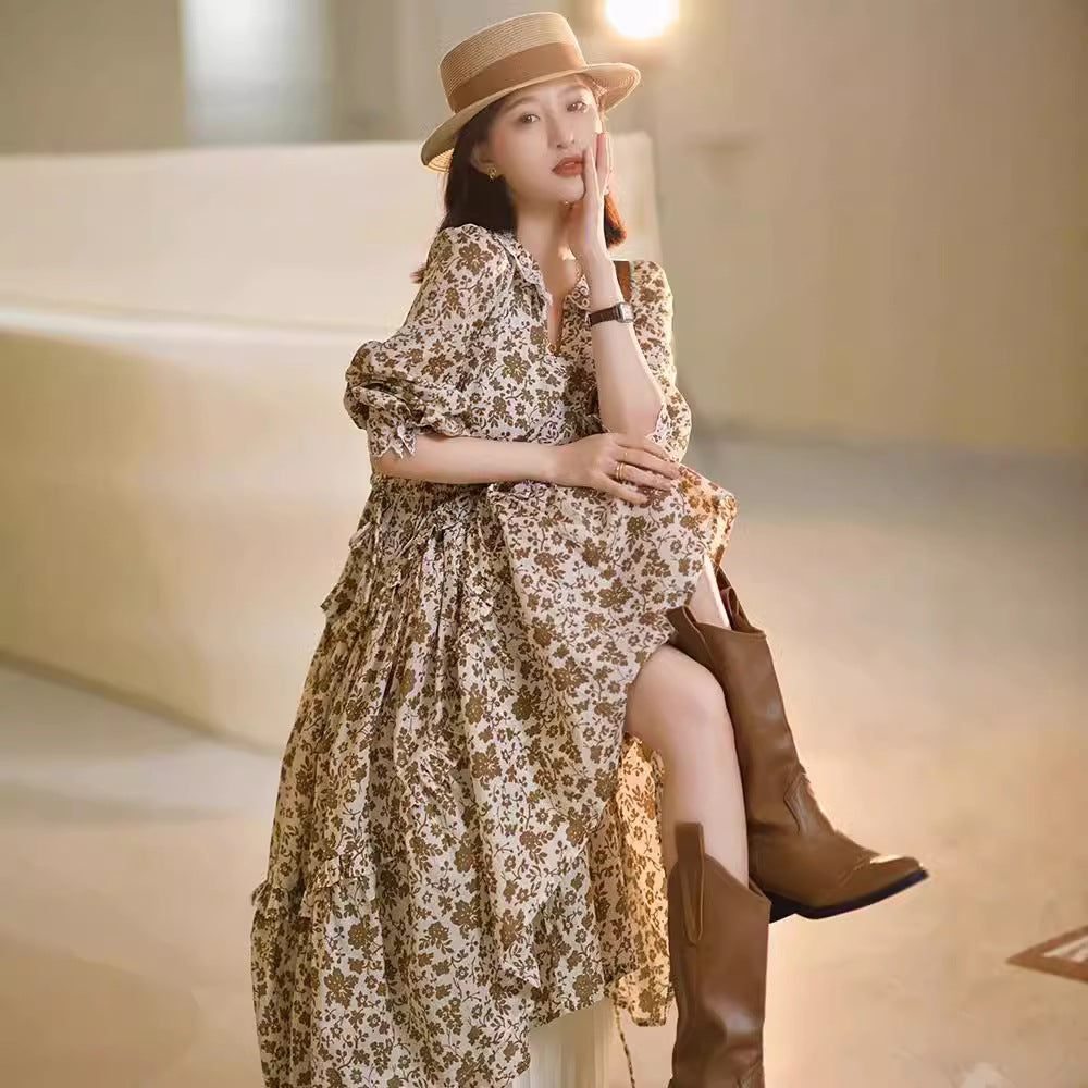 Dopamine dress Free shipping Tattoo French Temperament Short Sleeve Muse Fan Bubble Sleeve Floral Dress Early Autumn Dopamine Wear Waist Skinny Skirt