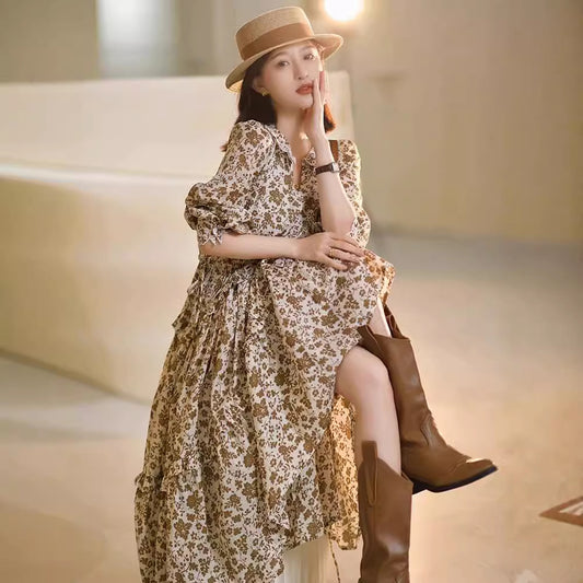 Dopamine dress Free shipping Tattoo French Temperament Short Sleeve Muse Fan Bubble Sleeve Floral Dress Early Autumn Dopamine Wear Waist Skinny Skirt