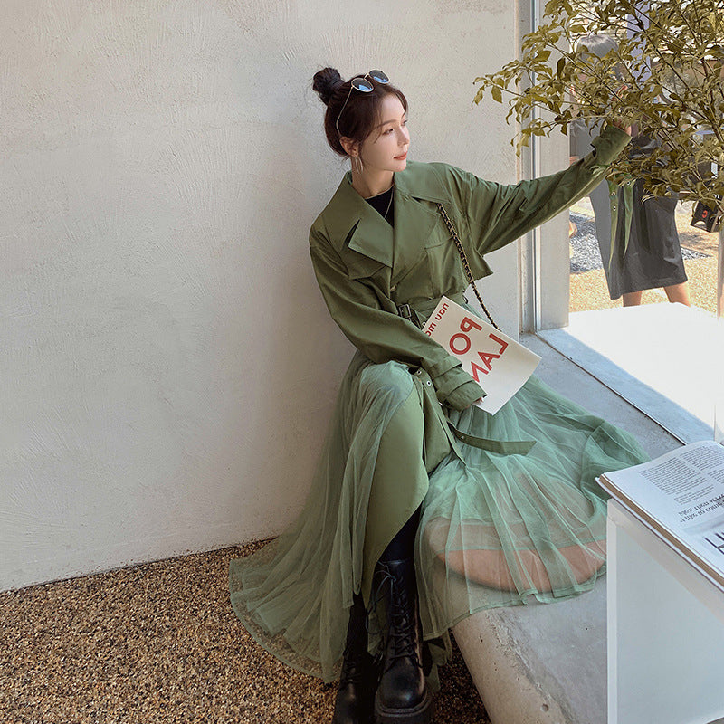 Fashion women's wear A Large Number of in Stock 2024   Purpleflower Holly Leaf Spring and Autumn Trench Coat Women's French Mesh Stitching Casual Temperament Coat