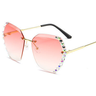 Women's fashion glasses 新款墨镜女韩版潮无框水晶切边太阳眼镜女士防紫外线镶钻太阳镜