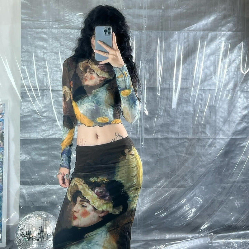 Fashion women's wear Q23tp663 American Fashion Girl Print Design Transparent Long Sleeves Cropped Top Long Skirt Women's Suit