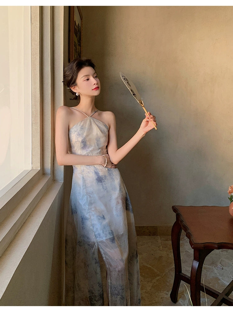 Fashion women's wear Chiffon Niche Sleeveless Split Halter Spaghetti Straps Dress Retro Hong Kong Style Tight Waist Seaside Vacation Dress Beach Dress