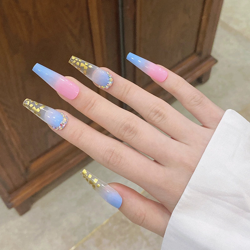 (Hand-made nail) Spice girl Europe and America, dark and long manicure nail, ballet nail, flat head, white, fake nails, wearing beautiful patch, finished product.