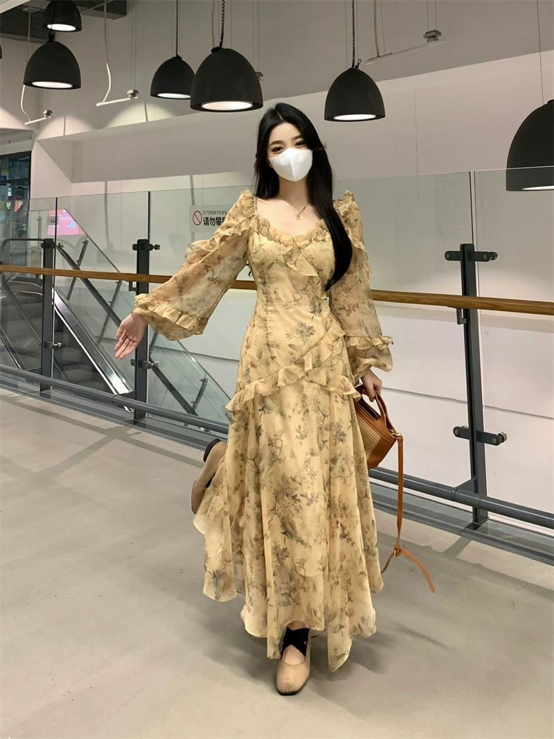 Fashion women's wear French Style Beautiful Yellow Floral Dress Spring plus Size Plump Girls Slimming Fairy Long Dress Style Skirt