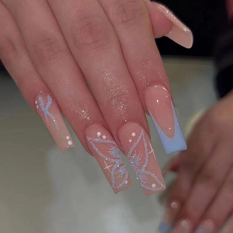 翩翩蓝蝶穿戴甲丝带nails 法式跨境美甲片外贸假指甲长甲美甲贴片