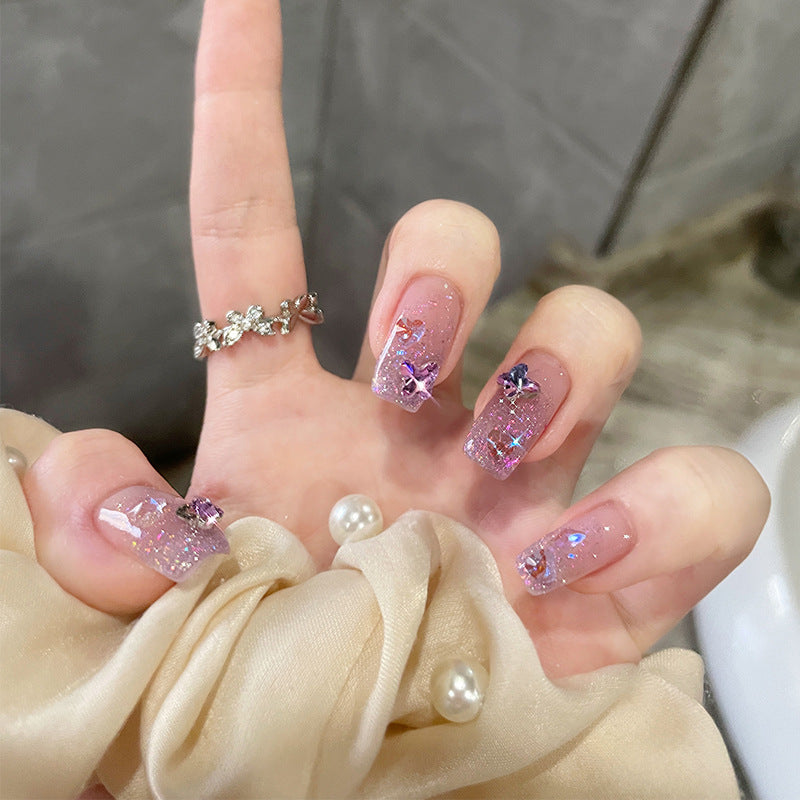 蝴蝶精灵穿戴甲爱心闪钻指甲贴片极光美甲片假指甲美甲贴成品甲片