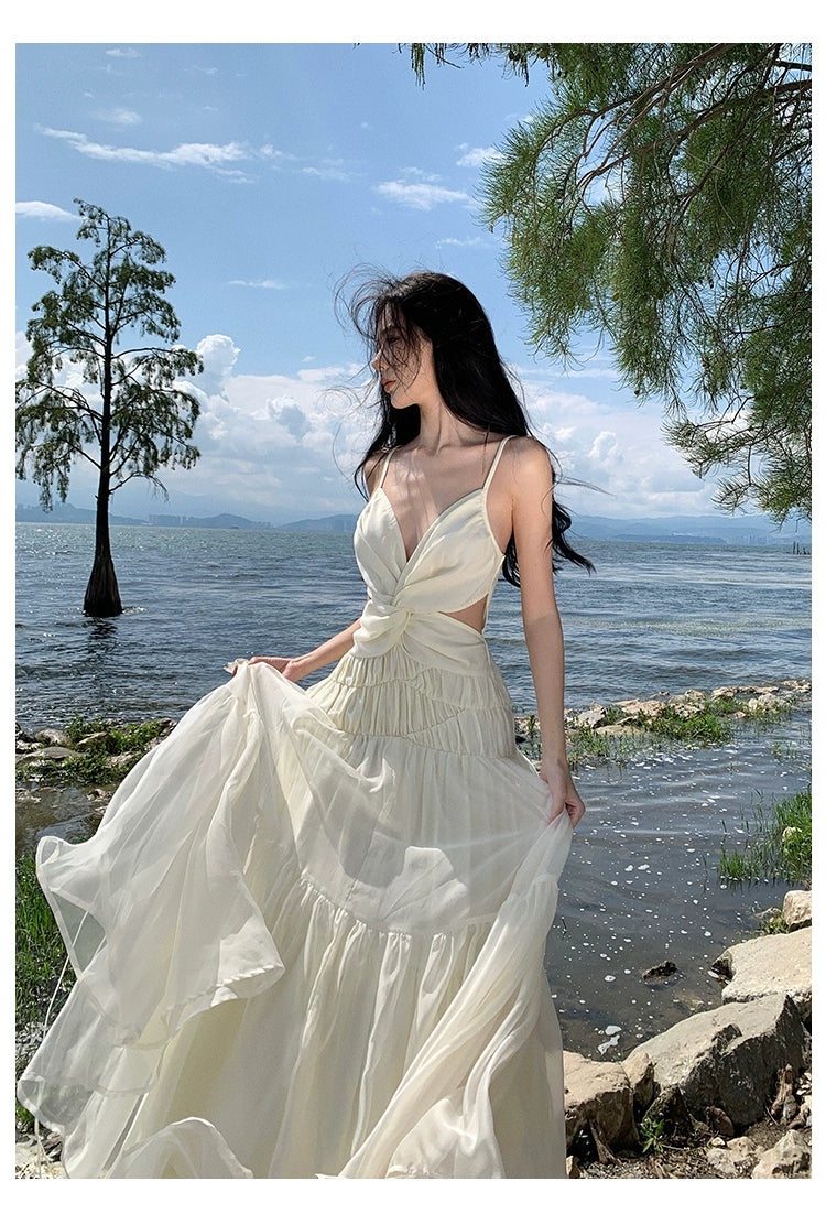 Fashion women's wear Tea Break French Advanced Sexy Backless Spaghetti Straps Dress Fairy Lady Super Fairy Gorgeous Seaside Vacation Beach Dress