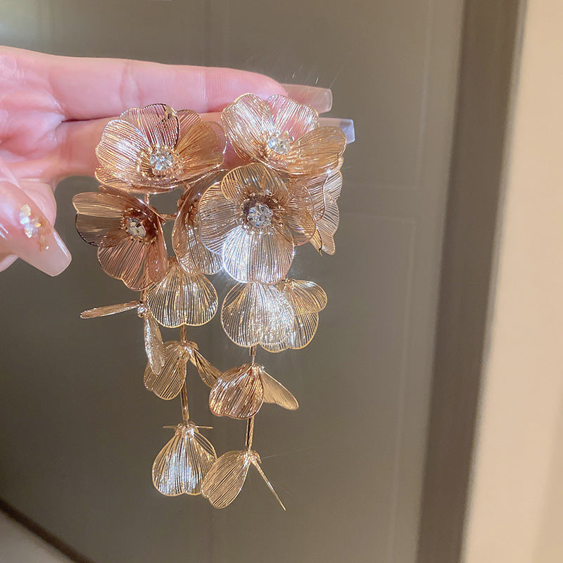 银针欧美夸张满钻流苏耳环潮流设计感新娘珍珠耳坠冷淡风晚宴耳饰