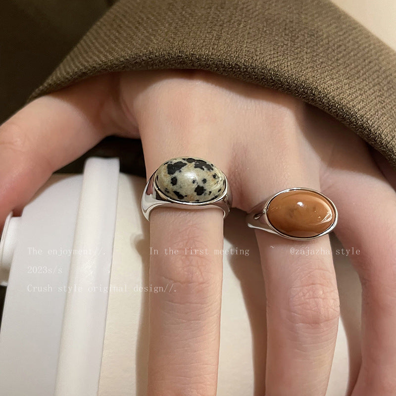 椭圆蛋花石开口戒指秋冬百搭复古食指戒小众简约高级感手饰批发女